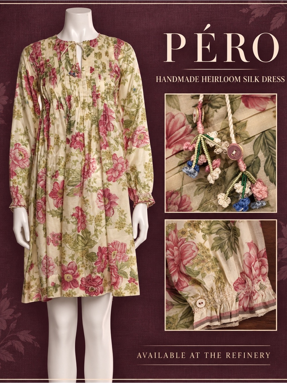 Pero’ handmade heirloom Floral Silk Dress -38 NWT